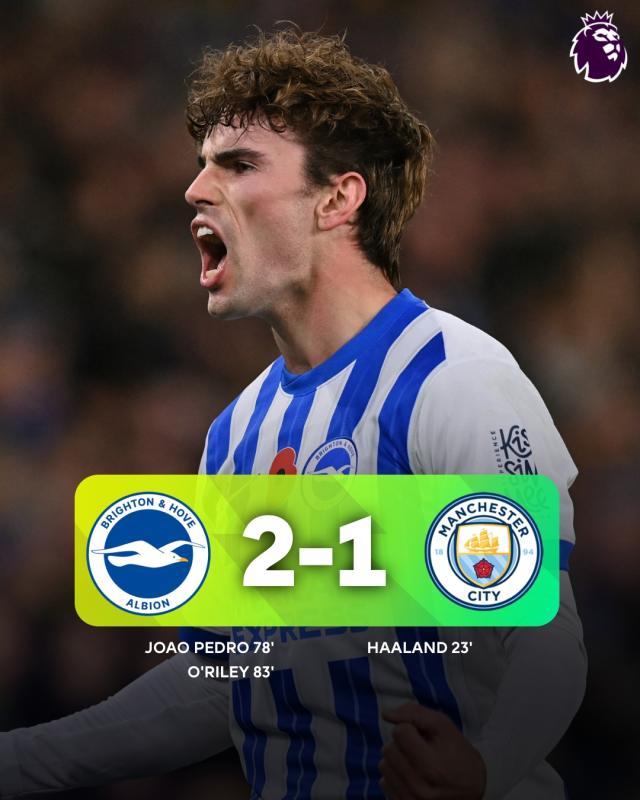 【英超】曼城客场1比2遭布莱顿逆转吞下四连败